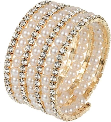 Pearl Cubic Zirconia Bracelet for Women Teen Girls,Charming Stretch Multi Layered Rhinestone Bangle,Aesthetic Wedding Jewelry Gift in Saudi Arabia