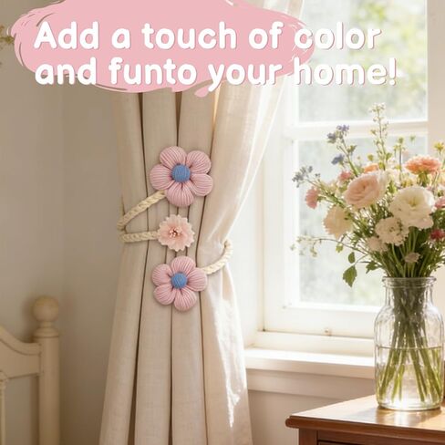 قطعتان من ستائر الزهرة، ستائر بوهو مع سلك قابل للتعديل - ربطات ستائر نافذة أنيقة يمكنك صنعها بنفسك لغرفة المعيشة وغرفة النوم وديكور المزرعة in Kuwait