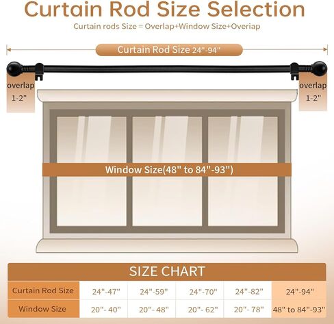 قضبان ستائر سوداء للنوافذ من 48 إلى 84-93 بوصة، قضيب ستائر مزخرف قابل للتعديل عن طريق الربط، مجموعة قضيب ستارة تعتيم صغير مقاس 5/8 بوصة مع دعامات، قضيب ستارة خارجي، أسود غير لامع in Kuwait