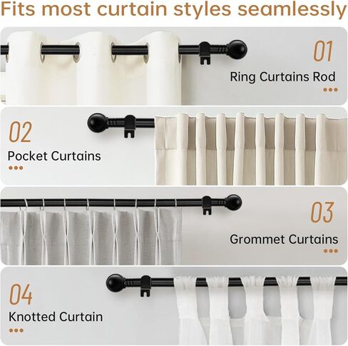 قضبان ستائر سوداء للنوافذ من 48 إلى 84-93 بوصة، قضيب ستائر مزخرف قابل للتعديل عن طريق الربط، مجموعة قضيب ستارة تعتيم صغير مقاس 5/8 بوصة مع دعامات، قضيب ستارة خارجي، أسود غير لامع in Kuwait