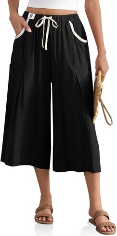 TARSE Linen Capri Pants for Women Drawstring Waist Loose Fit Casual Wide Leg Summer Beach Vacation Lounge Pants in Kuwait