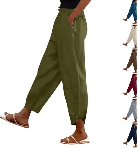 Cotton Linen Pants Women Petite Casual Elastic High Waist Wide Leg Cropped Pant Summer Vacation Capris Trousers in Saudi Arabia