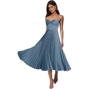 Tea Length Pleated Bridesmaid Dresses for Women Satin A Line Midi Sleeveless Formal Party Gowns in Kuwait