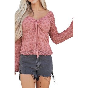 EARKOHA Women's Summer Tops Peach Blossom Drawstring Knot Detail Floral Lace Blouse in Kuwait