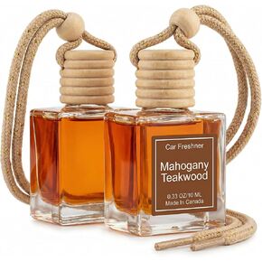 Mahogany Teakwood Car Air Freshener, Hanging Glass Bottle Diffuser with Natural Wood Cap, Long-Lasting 6-8 Weeks Warm Woody Auto Fragrance, Made in Canada, 10 ml in Saudi Arabia