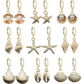 Dreuyet 9 أزواج صدف Huggie هوب أقراط للنساء سحر 14K مطلية بالذهب Cowrie محارة البطلينوس نجم البحر اللؤلؤ المحيط الحيوان أقراط البوهيمي الصيف الشاطئ عطلة أنيقة مجوهرات هدايا in Kuwait