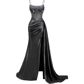 Mermaid Satin Prom Dress for Women - Long Beaded Lace Applique Corset Formal Evening Gown 2026 with Slit Sweep Train in Saudi Arabia