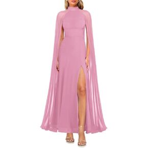 MAYFASEY Women's Elegant Long Sleeve Halter Neck Sexy Split Cocktail Evening Party A Line Maxi Long Formal Dress with Cape in Kuwait