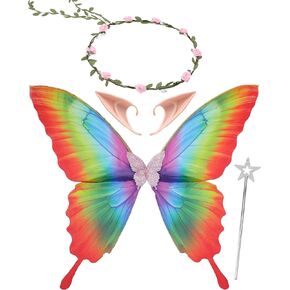 Fairy Wings Costume Set - 4 Pcs Colorful Butterfly Wings Elf Ears Flower Crown Fairy Wand Halloween Costume in Kuwait
