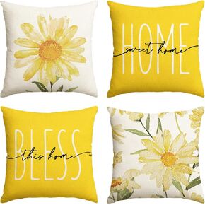 AVOIN colorlife Home Sweet Home الربيع الصيف الزهور الصفراء أغطية وسادة رمي، 18 × 18 بوصة كيس وسادة لأريكة الأريكة مجموعة من 4 in Kuwait