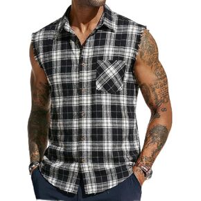 Runcati Men's Sleeveless Plaid Shirts Button Down Casual Flannel Cowboy Vest Shirt Cotton Tops with Pocket in Kuwait