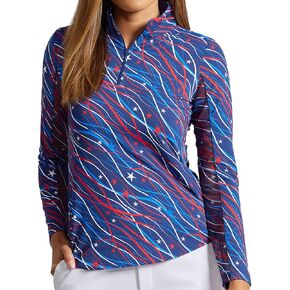 IBKUL Athleisure Wear Sun Protective UPF 50+ Icefil Cooling-Patriotic Confetti Print Long Sleeve Mock Neck Top-10091 in Kuwait