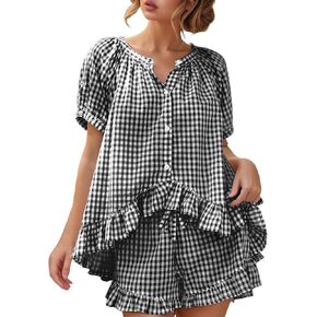 Wyeysyt Womens Gingham Pajamas Set 2 Piece Pj Sets Ruffle Babydoll Shirt and Plaid Shorts(Black-XL) in Kuwait