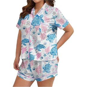 WDIRARA Women's Plus Size Sea Turtle 2 Piece Pajama Set Cute Short Sleeve Button Down Shorts Pjs Sleepwear in Saudi Arabia