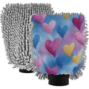 قفاز غسيل السيارات من AIXIWAWA، قفاز غسيل بألوان مائية، قلوب مطبوعة، خالية من الخدوش، ماصة للماء، 2 عبوة كبيرة in Kuwait