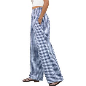 سروال Murandick النسائي العصري المخطط Gingham Palazzo - بنطال صالة كاجوال لطيف عالي الخصر وواسع الساق مع جيوب in Kuwait