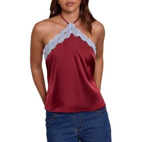 Giraropa Women Lace Trim Halter Neck Tank Top Sexy Tie Up Backless Slim Fit Silk Satin Tops Summer Shirt Streetwear in Kuwait