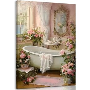 Pink Flowers Bathroom Canvas Wall Art Floral Botanical Painting Picture Wall Decor Vintage Bathtub With Farmhouse Floral Poster Print Artwork for Bathroom Restroom Home Decoration((12x16 in Canvas) in Saudi Arabia