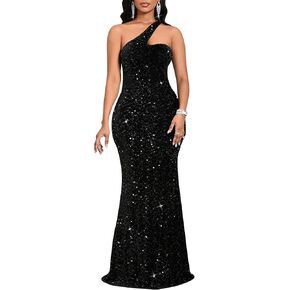 Women's One Shoulder Sequin Evening Gown – Formal Maxi Dress for Wedding Guest, Prom, Cocktail Blue in Kuwait