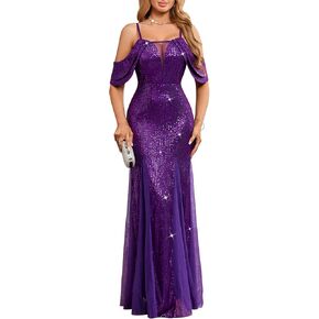 Women’s Sequin Evening Gown – Off Shoulder Spaghetti Strap Formal Maxi Dress with Mesh Panels for Wedding Prom Party in Kuwait