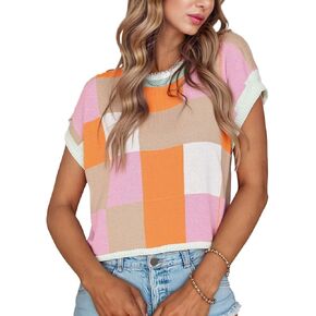 Womens Cap Sleeve Tops Knit Crewneck Patchwork Plaid Casual Trendy Fashion Vest Pullover Sweaters in Saudi Arabia