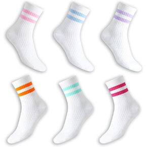 جوارب قطنية للكاحل، 6 أزواج، نمط مخطط باستيل، مقاس نسائي 5-11، 80% قطن (الولايات المتحدة، رقمي، 5، 11، أبيض مع خطوط) in Kuwait