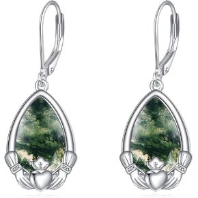 Sterling Silver Claddagh Irish Drop Earrings Women's Pear Shape Moss Agate Dangle Earrings Birthday Vintage Jewelry Christmas St. Patrick's Day Gift for Her in Kuwait