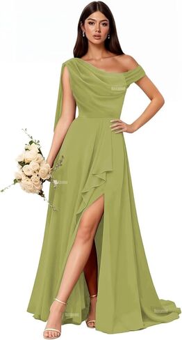 Roxanne One Shoulder Bridesmaid Dresses with Slit Chiffon Ruffle Formal Evening Gowns Pleated Corset Wedding Guest Dress Long in Kuwait