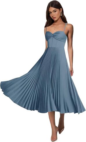 Tea Length Pleated Bridesmaid Dresses for Women Satin A Line Midi Sleeveless Formal Party Gowns in Kuwait
