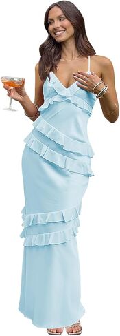 Long Satin Prom Dress 2026 Mermaid Ruffle Spaghetti Strap V Neck Backless Formal Gowns in Saudi Arabia