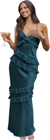 Long Satin Prom Dress 2026 Mermaid Ruffle Spaghetti Strap V Neck Backless Formal Gowns in Saudi Arabia