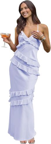 Long Satin Prom Dress 2026 Mermaid Ruffle Spaghetti Strap V Neck Backless Formal Gowns in Saudi Arabia