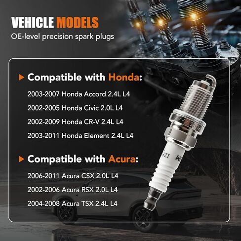 4 Pack Iridium Spark Plugs for 2002 2003 2004 2005 2006 2007 Honda Accord CRV Element Civic Acura TSX RSX CSX 2.4L 2.0 L4 Replaces# 6994 IZFR6K11 in Saudi Arabia