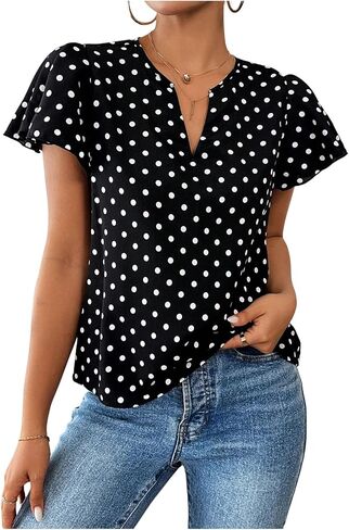 Milumia Women's Polka Dots Ruffle Short Sleeve Blouse Notched V Neck Dressy Casual Work Shirt Tops in Saudi Arabia