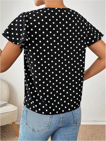Milumia Women's Polka Dots Ruffle Short Sleeve Blouse Notched V Neck Dressy Casual Work Shirt Tops in Saudi Arabia