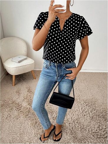 Milumia Women's Polka Dots Ruffle Short Sleeve Blouse Notched V Neck Dressy Casual Work Shirt Tops in Saudi Arabia