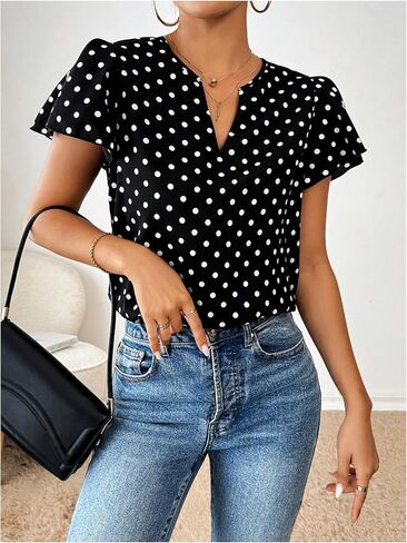 Milumia Women's Polka Dots Ruffle Short Sleeve Blouse Notched V Neck Dressy Casual Work Shirt Tops in Saudi Arabia