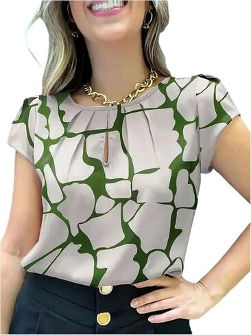 SHENHE Women's Dressy Casual Blouse Short Sleeve Pleated Crewneck Keyhole Top Work Shirt in Saudi Arabia