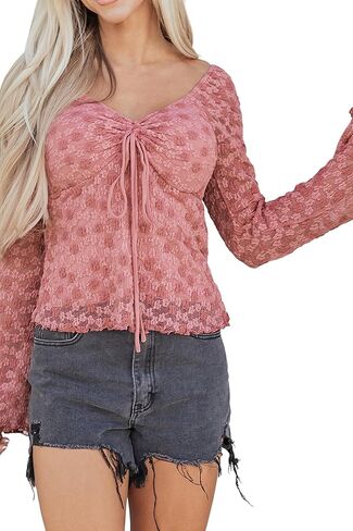 EARKOHA Women's Summer Tops Peach Blossom Drawstring Knot Detail Floral Lace Blouse in Kuwait