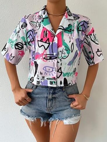 Women's Color Block Plaid Blouse Button Front Half Sleeve Collar Crop Tops Black in Saudi Arabia