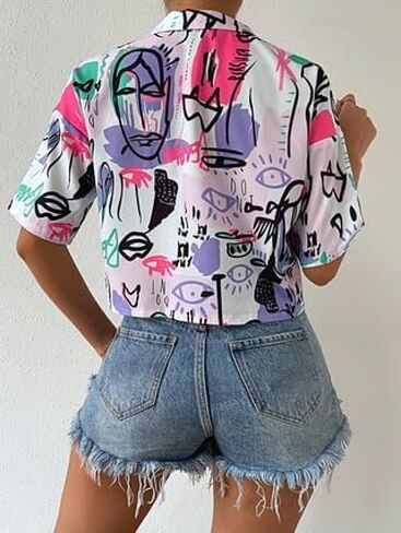 Women's Color Block Plaid Blouse Button Front Half Sleeve Collar Crop Tops Black in Saudi Arabia