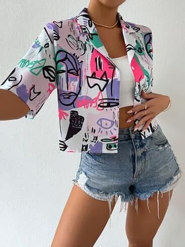 Women's Color Block Plaid Blouse Button Front Half Sleeve Collar Crop Tops Black in Saudi Arabia