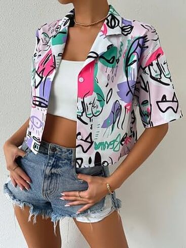 Women's Color Block Plaid Blouse Button Front Half Sleeve Collar Crop Tops Black in Saudi Arabia