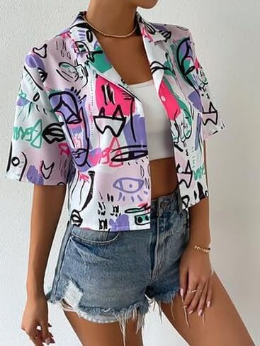 Women's Color Block Plaid Blouse Button Front Half Sleeve Collar Crop Tops Black in Saudi Arabia