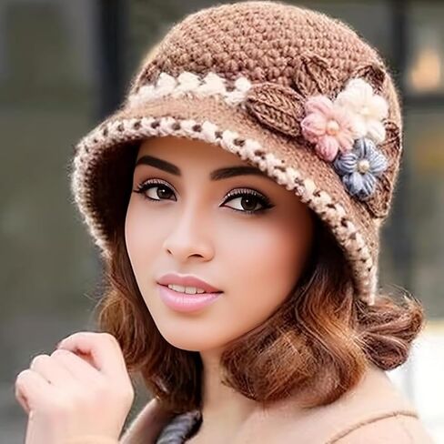Thicken Women's Flowers Knitted-Woolen-Hat Fashion Beanie-Hat Lady Crochet-Bucekt-Hat for Winter Coffee Brown in Saudi Arabia