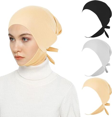 XEPST 3 PCS Hijab Undercap for Women, Islamic Muslim Full Cover Under Hijabcap Milk Silk Fabric Hijab Underscarf Solid Color Adjustable Tie Back Inner Head Scarf Turbans for Women Chemo Cap, C in Saudi Arabia