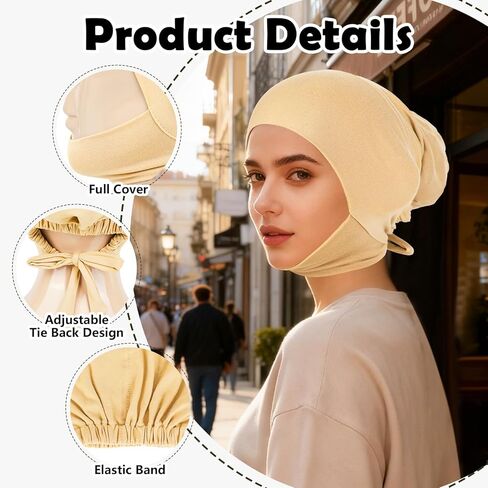 XEPST 3 PCS Hijab Undercap for Women, Islamic Muslim Full Cover Under Hijabcap Milk Silk Fabric Hijab Underscarf Solid Color Adjustable Tie Back Inner Head Scarf Turbans for Women Chemo Cap, C in Saudi Arabia