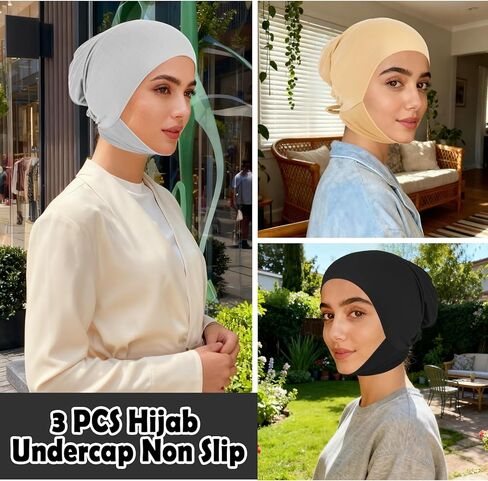 XEPST 3 PCS Hijab Undercap for Women, Islamic Muslim Full Cover Under Hijabcap Milk Silk Fabric Hijab Underscarf Solid Color Adjustable Tie Back Inner Head Scarf Turbans for Women Chemo Cap, C in Saudi Arabia