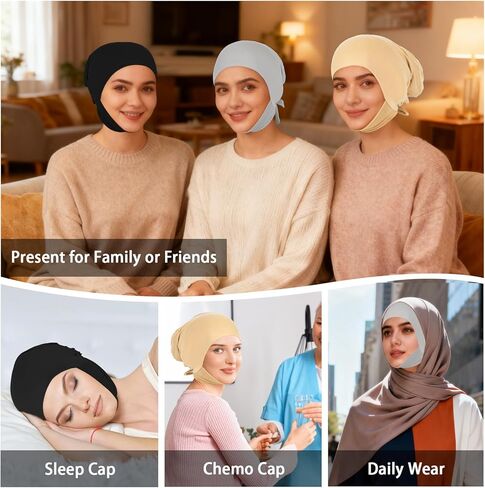 XEPST 3 PCS Hijab Undercap for Women, Islamic Muslim Full Cover Under Hijabcap Milk Silk Fabric Hijab Underscarf Solid Color Adjustable Tie Back Inner Head Scarf Turbans for Women Chemo Cap, C in Saudi Arabia