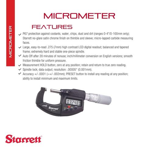ميكرومتر إلكتروني متري بوصة/ملليمتر من Starrett بدون مخرج - كشتبان من قطعة واحدة، لمسة نهائية من الكروم الساتان، نطاق 0-1 بوصة، دقة .00005 بوصة، شاشة LCD - 796.1XRL-1 in Kuwait